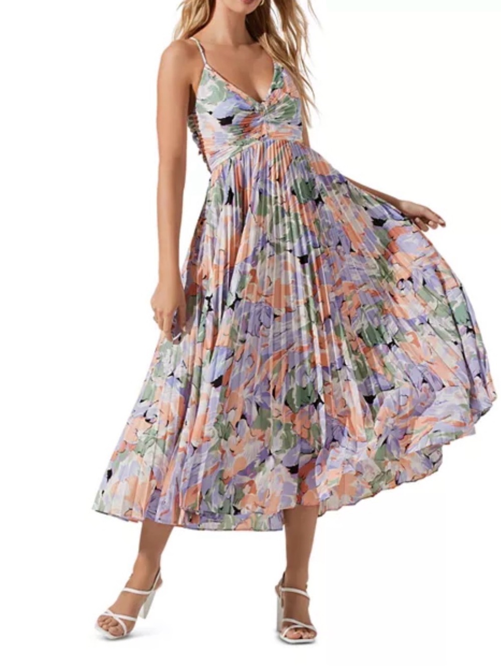 ASTR the label xl Blythe floral plisse midi dress crisscross back watercolor new - Picture 1 of 11